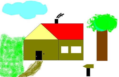 Gezeichnete Szene mit einem Haus, Dach, Tür, Klingel und Schornstein, daneben Baum, Schild, Weg, Gras und Wolke